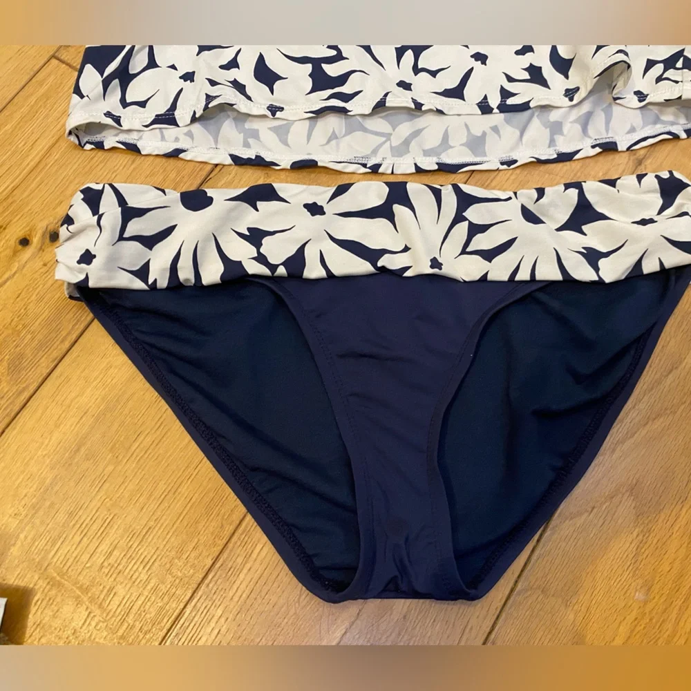 Liz Claiborne navy blue bow tie floral print Tankini swimwear